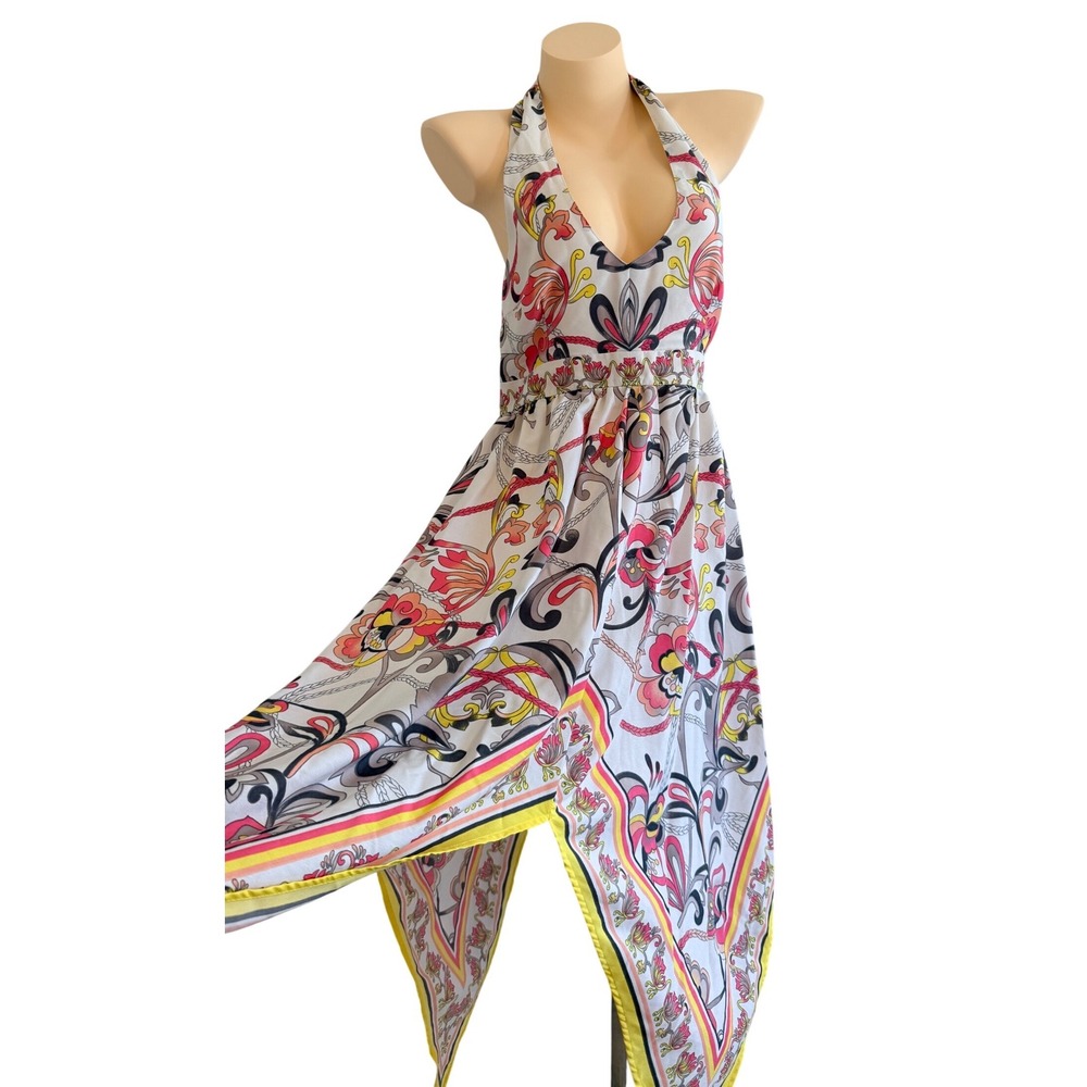 HM Halter Scarf Print Handkerchief Hem Dress Pink Yellow White Boho Retro Sz 12